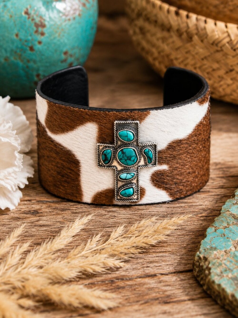 Cowhide Cuff Bracelet Turquoise Cross Western Boho Wide Statement Bracelet